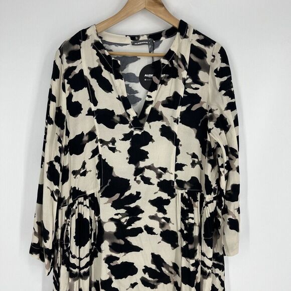 Alembika Dress Size 2 6-8 Black White Tribal Print 3/4 Sleeve V Neck Midi Shift - Picture 2 of 11
